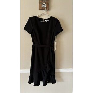 NWT Calvin Klein Womens Size 4 Tie Waist Ruffle Faux Wrap Dress Black